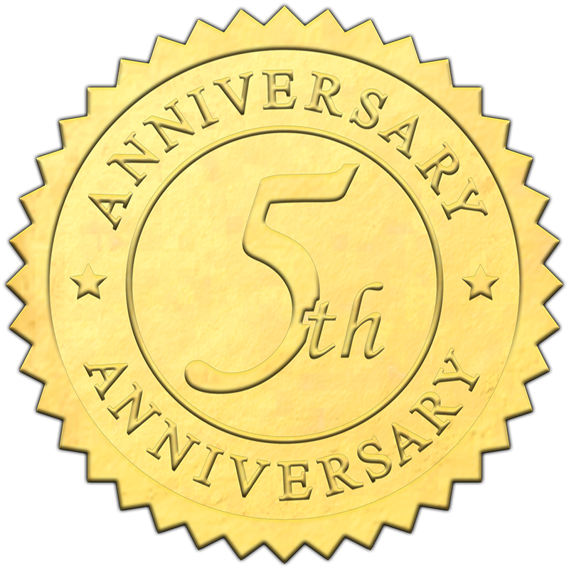 50 pack Elegant GOLD embossed foil anniversry seals "5th ANNIVERSARY"